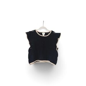 HM Black Crochet Knit Ruffle Sleeve Top Cream Trim XL Boho Cropped‎ Cap Sleeve